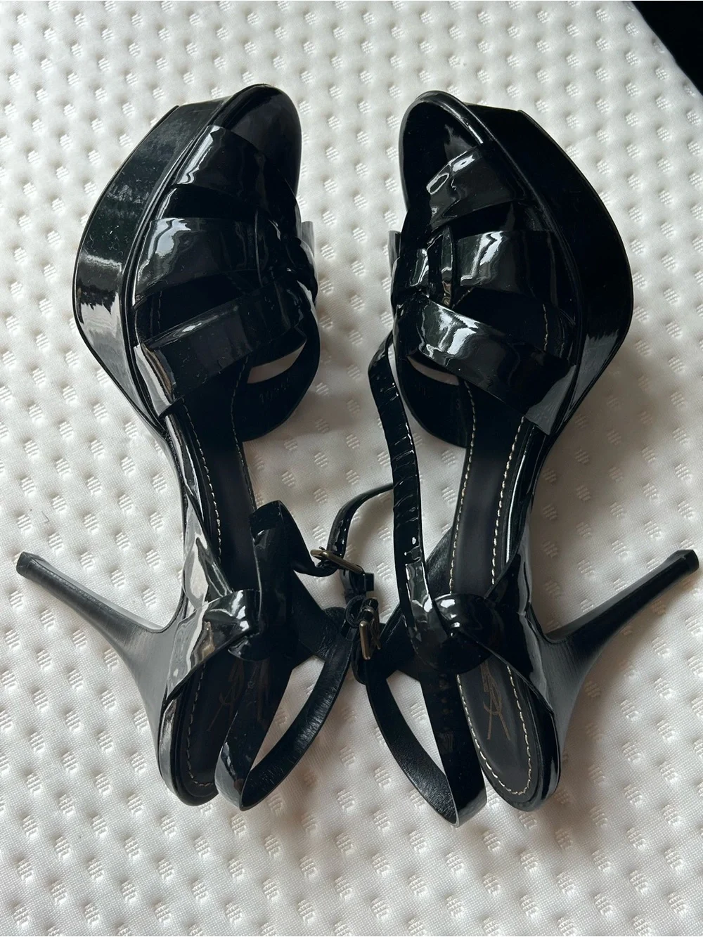 Yves Saint Laurent YSL Tribute 105 Black Patent Platform Sandals 38.5